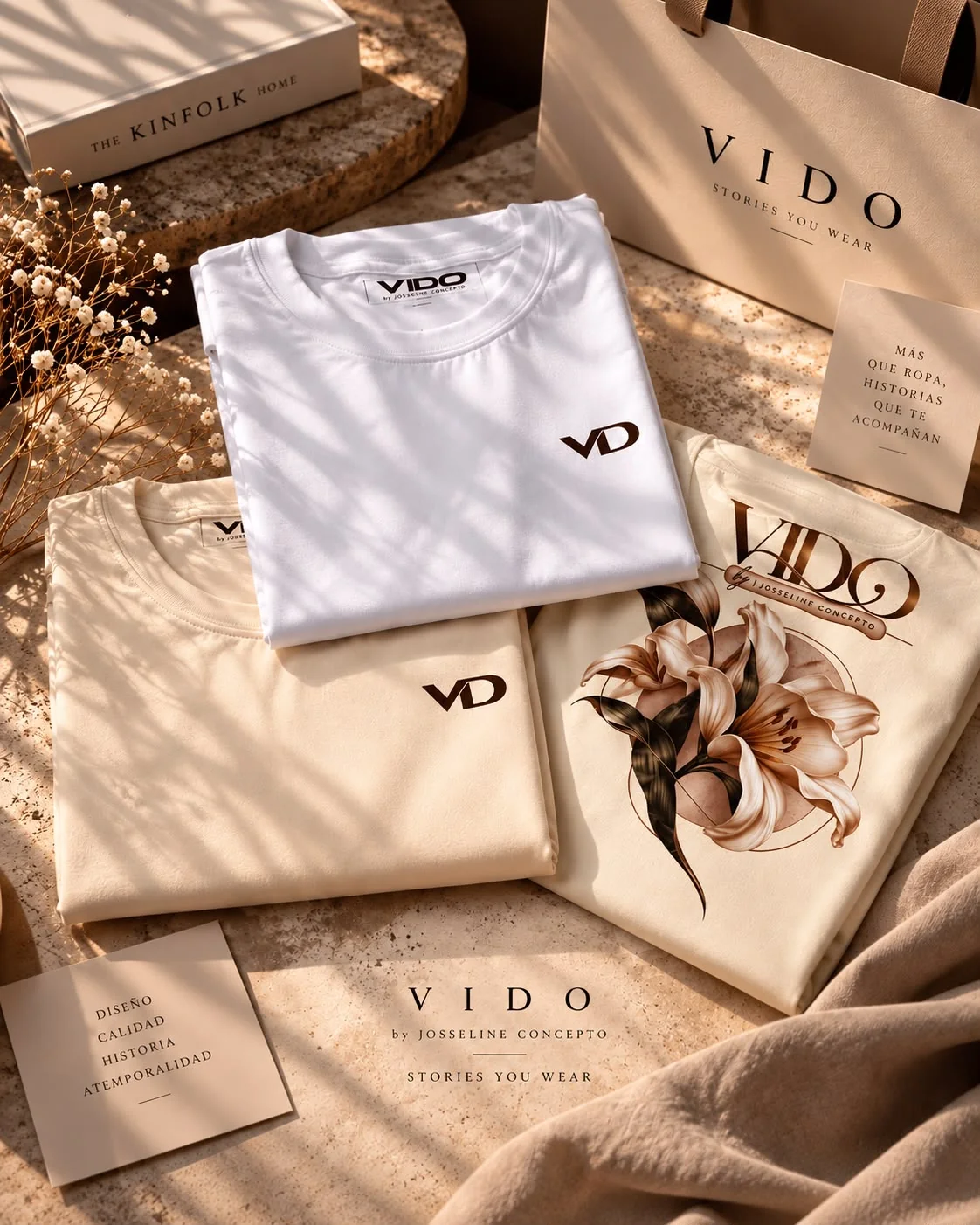 VIDO — Historias que se visten: polos blanco y crema con la firma VD y estampado floral, junto a la bolsa y las tarjetas de la casa